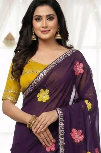 purple mannequin embroidery work saree with miorror work and cut work border