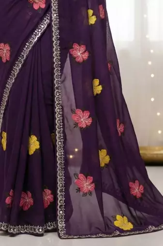 purple mannequin embroidery work saree with miorror work and cut work border