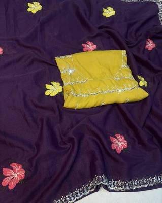 purple mannequin embroidery work saree with miorror work and cut work border 4