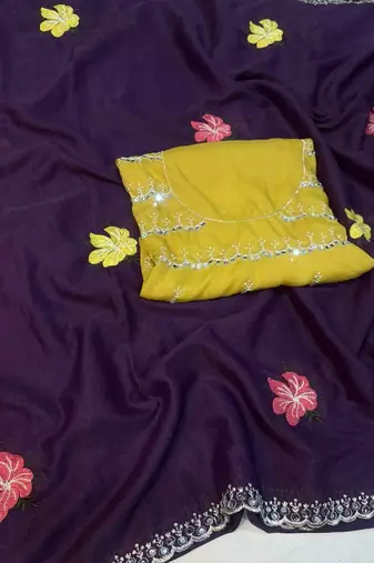 purple mannequin embroidery work saree with miorror work and cut work border