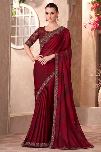 Maroon sparkle shaded chiffon heavy embroidery and sequin work partywear saree