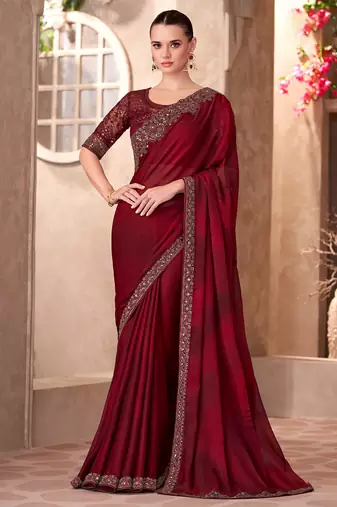 Maroon sparkle shaded chiffon heavy embroidery and sequin work partywear saree
