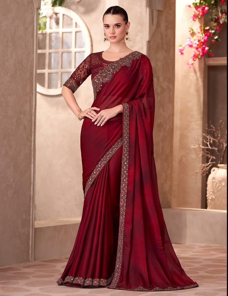 Maroon sparkle shaded chiffon heavy embroidery and sequin work partywear saree