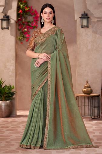 Sage green golden shine georgette heavy embroidery and sequin work partywear saree