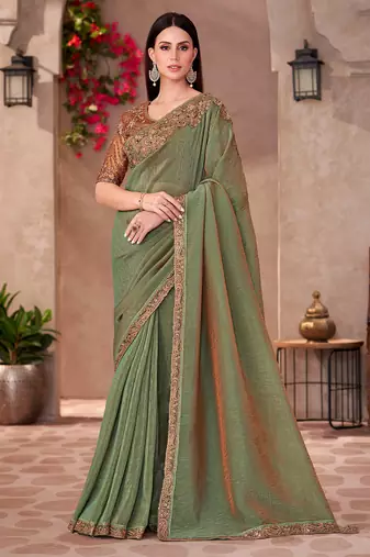 Sage green golden shine georgette heavy embroidery and sequin work partywear saree