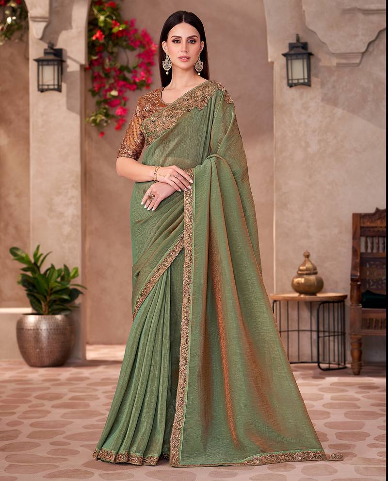 Sage green golden shine georgette heavy embroidery and sequin work partywear saree
