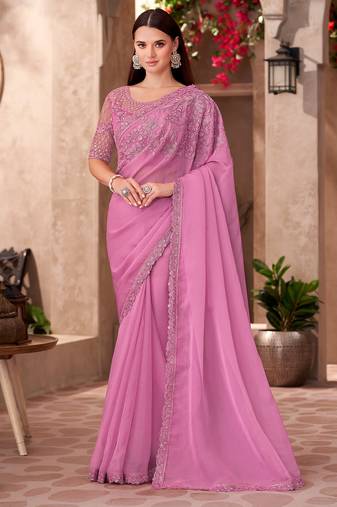 blush pink silk chiffon saree with heavy embroidery work