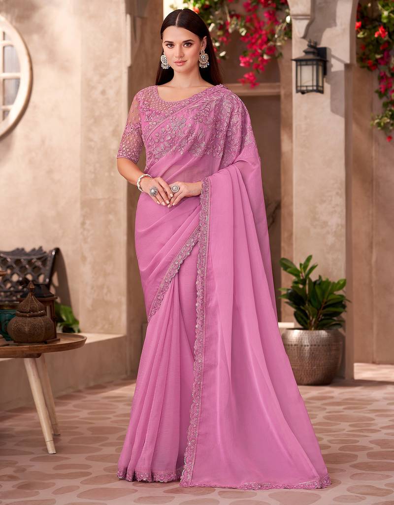 Blush pink shine silk chiffon heavy embroidery and sequin work partywear saree