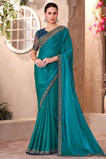 Teal blue satin georgette heavy embroidery and sequin work partywear saree