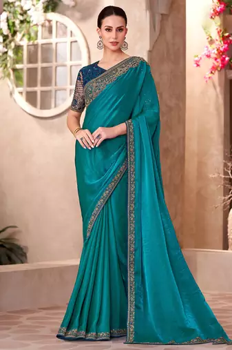 Teal blue satin georgette heavy embroidery and sequin work partywear saree