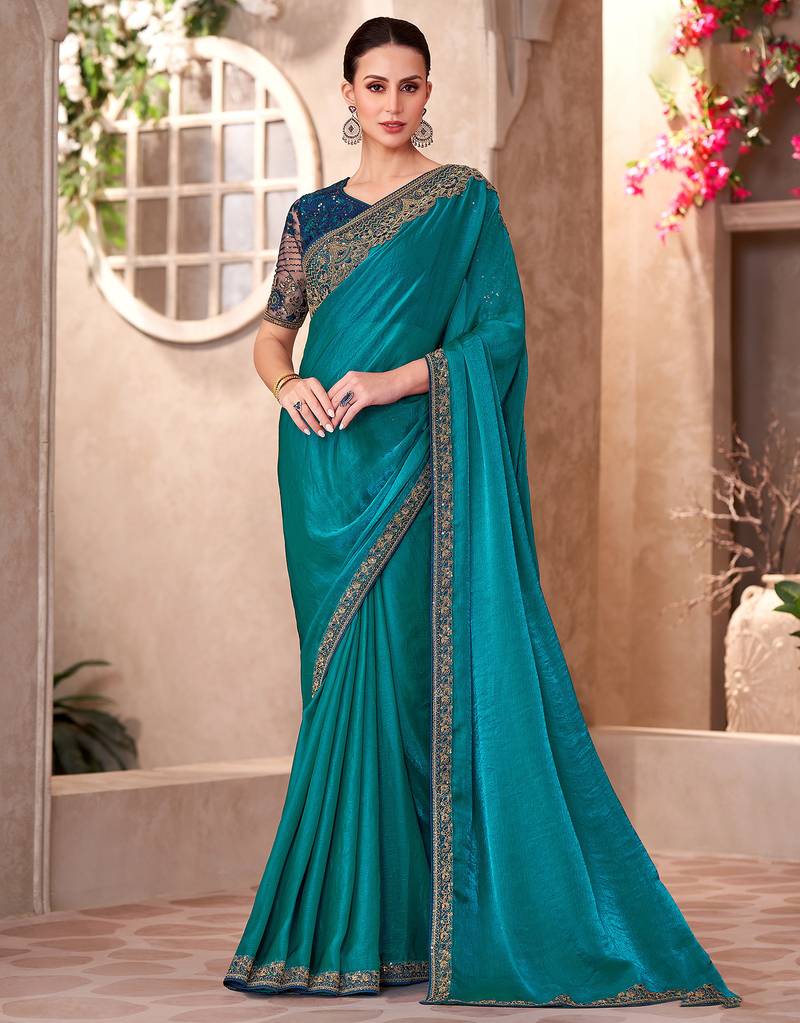 Teal blue satin georgette heavy embroidery and sequin work partywear saree