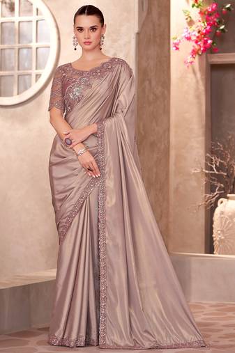 Champagne beige shimmer silk crepe heavy embroidery and sequin work partywear saree