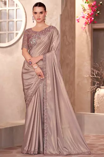Champagne beige shimmer silk crepe heavy embroidery and sequin work partywear saree