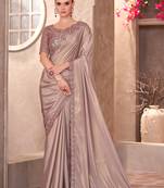 champagne beige silk crepe saree with embroidery and sequins