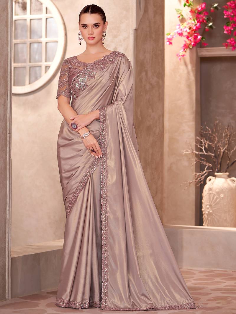 Champagne beige shimmer silk crepe heavy embroidery and sequin work partywear saree