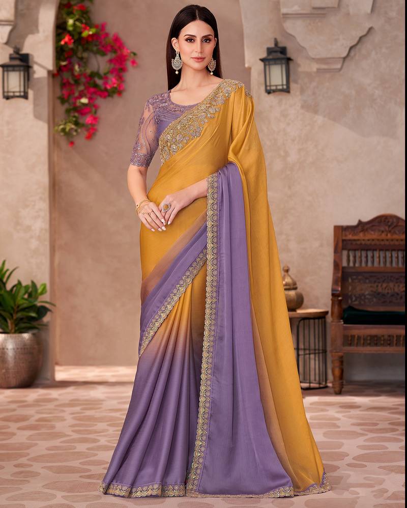 Mustard yellow majestic shaded chiffon heavy embroidery and sequin work partywear saree