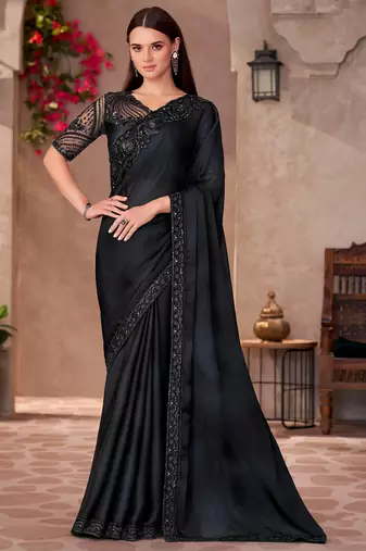 Black sparkle shaded chiffon heavy embroidery and sequin work partywear saree