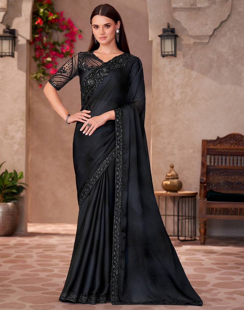 Black sparkle shaded chiffon heavy embroidery and sequin work partywear saree