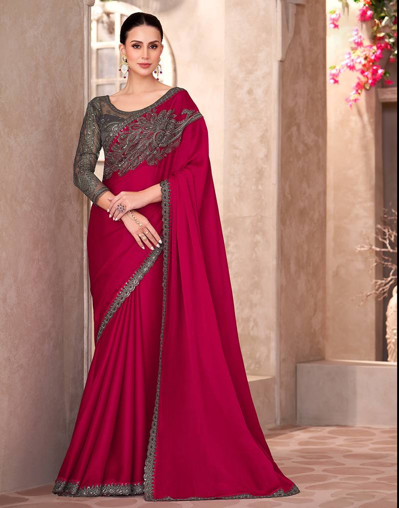 Red chiffon silk heavy embroidery and sequin work partywear saree
