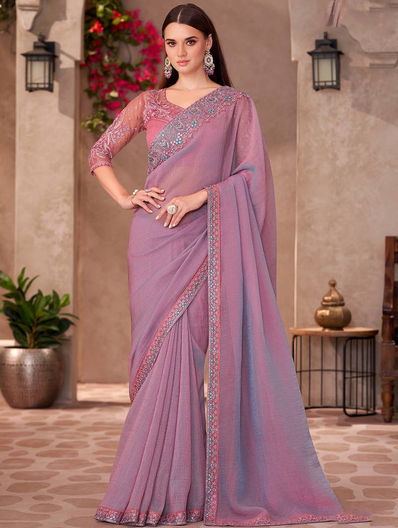 Mauve shining georgette heavy embroidery and sequin work partywear saree