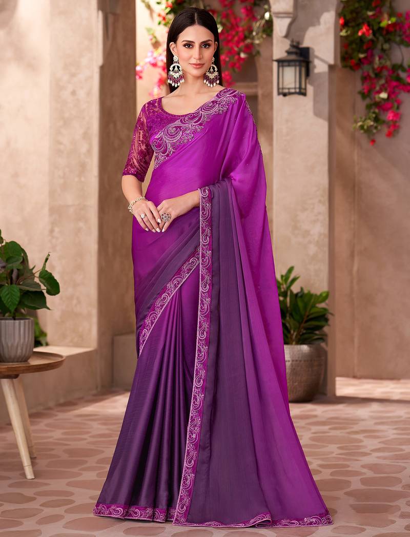 Purple majestic shaded chiffon heavy embroidery and sequin work partywear saree