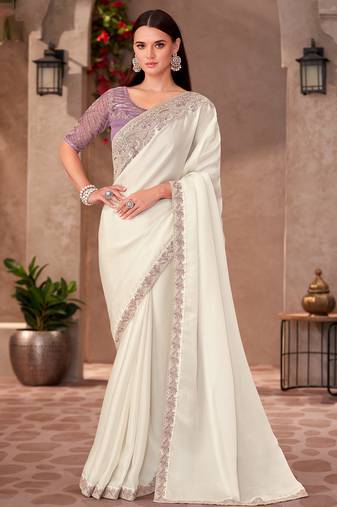 White shinning georgette heavy embroidery and sequin work partywear saree