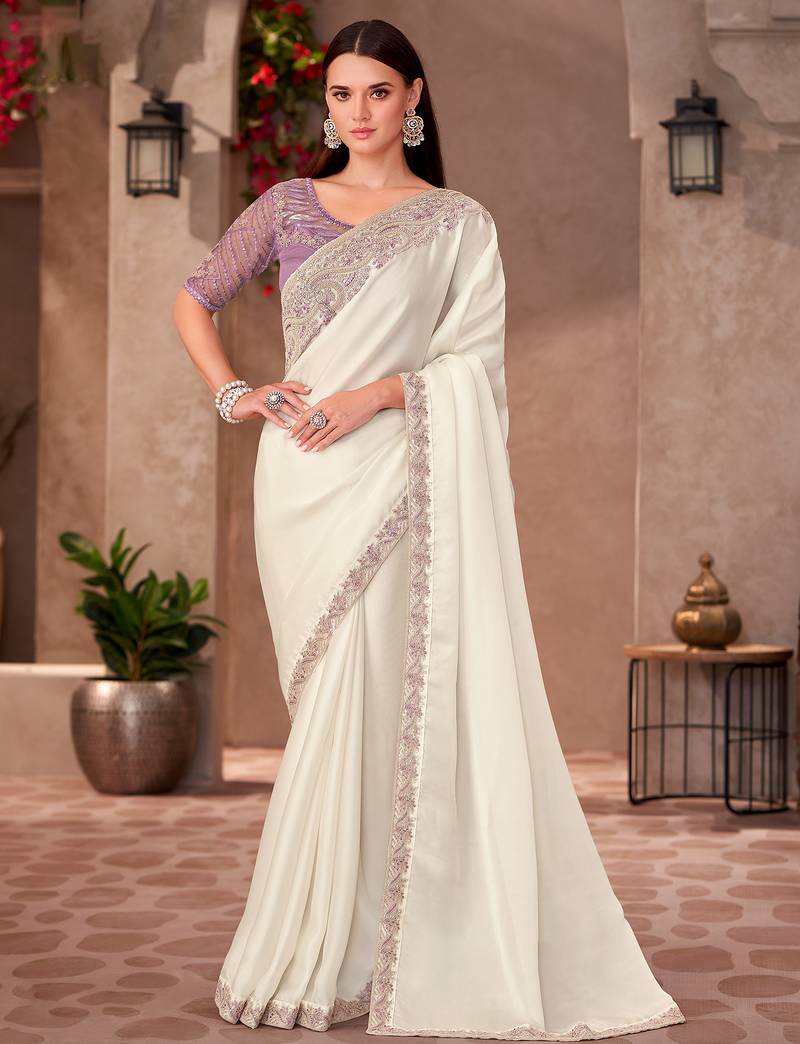 White shinning georgette heavy embroidery and sequin work partywear saree