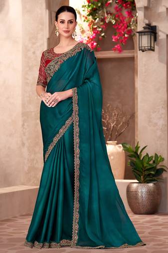 Bottle green shaded chiffon heavy embroidery and sequin work partywear saree
