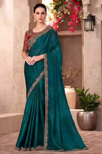 Bottle green shaded chiffon heavy embroidery and sequin work partywear saree