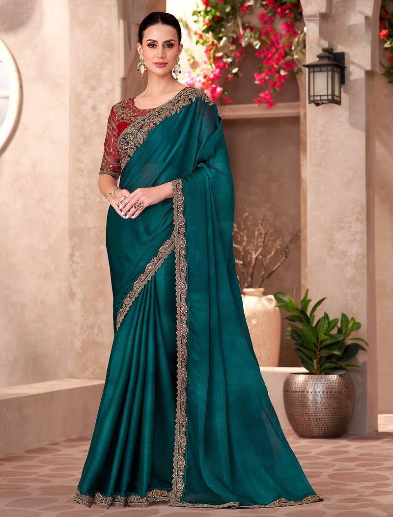 Bottle green shaded chiffon heavy embroidery and sequin work partywear saree