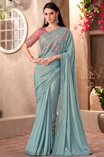 Sky blue shimmer silk crepe heavy embroidery and sequin work partywear saree
