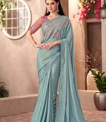 sky blue embroidered silk crepe saree with sequined pallu