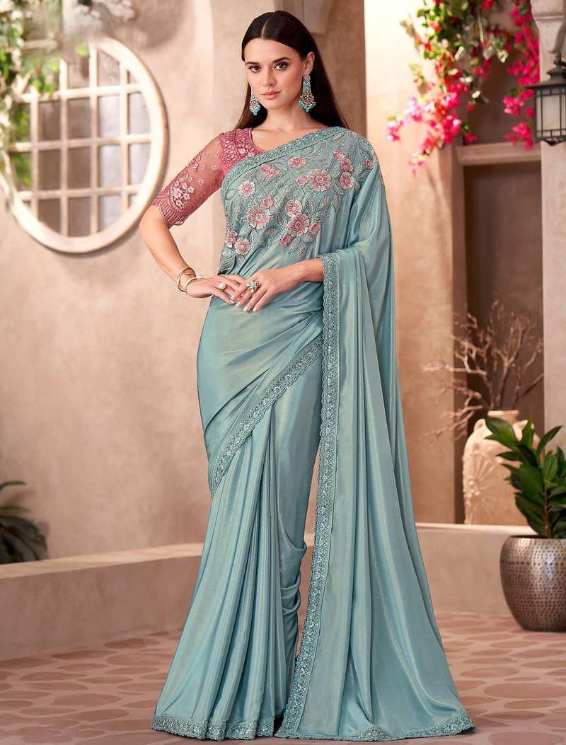 Sky blue shimmer silk crepe heavy embroidery and sequin work partywear saree