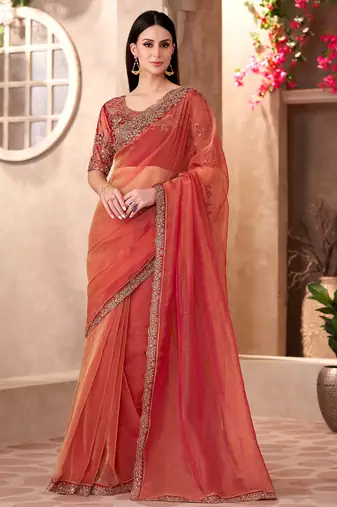 Rust orange sparkle tissue heavy embroidery and sequin work partywear saree