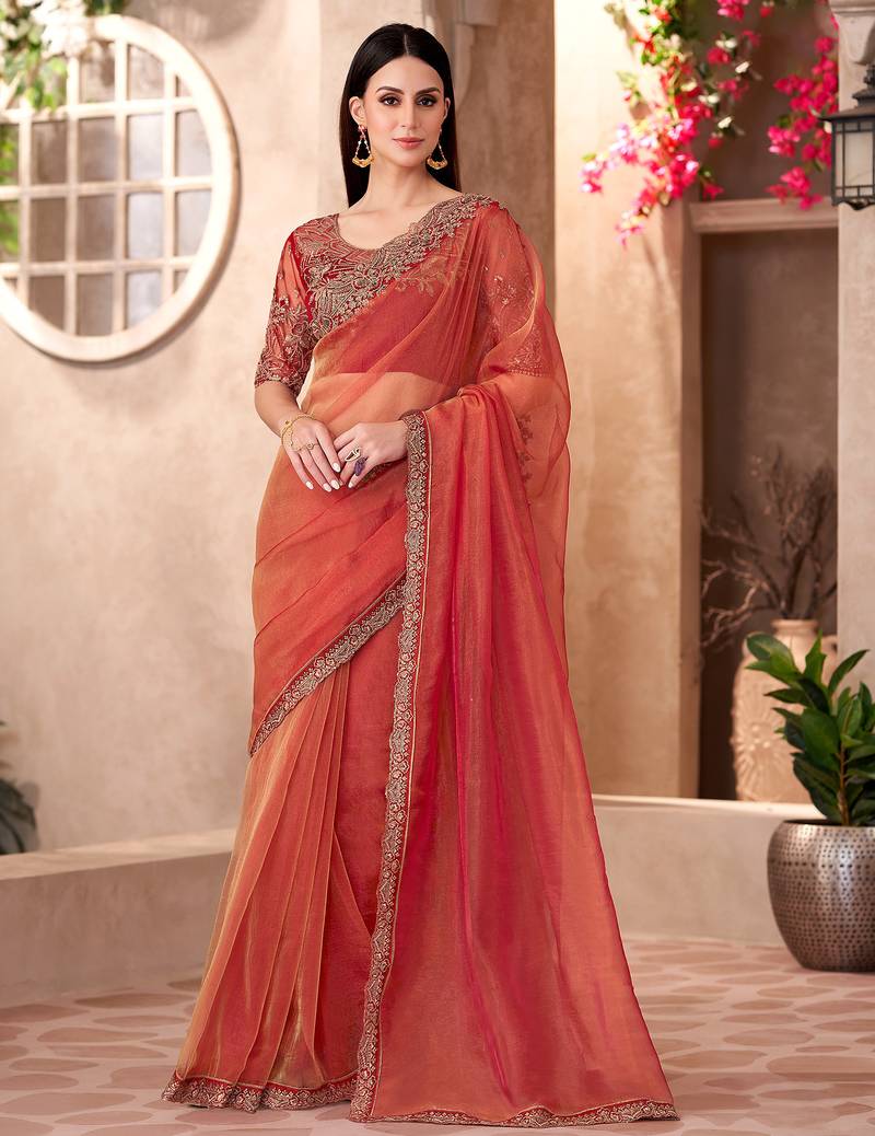 Rust orange sparkle tissue heavy embroidery and sequin work partywear saree
