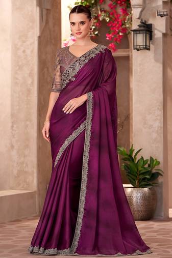 Wine satin chiffon heavy embroidery and sequin work partywear saree