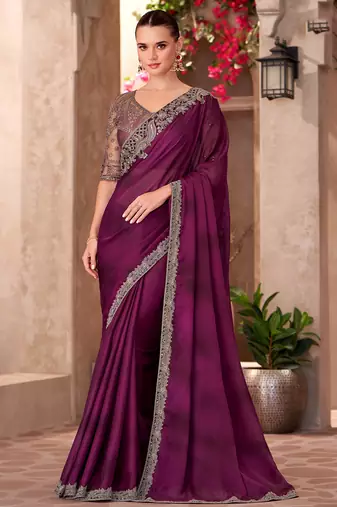 Wine satin chiffon heavy embroidery and sequin work partywear saree
