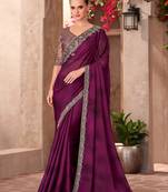 wine satin chiffon saree with heavy embroidery and sequins