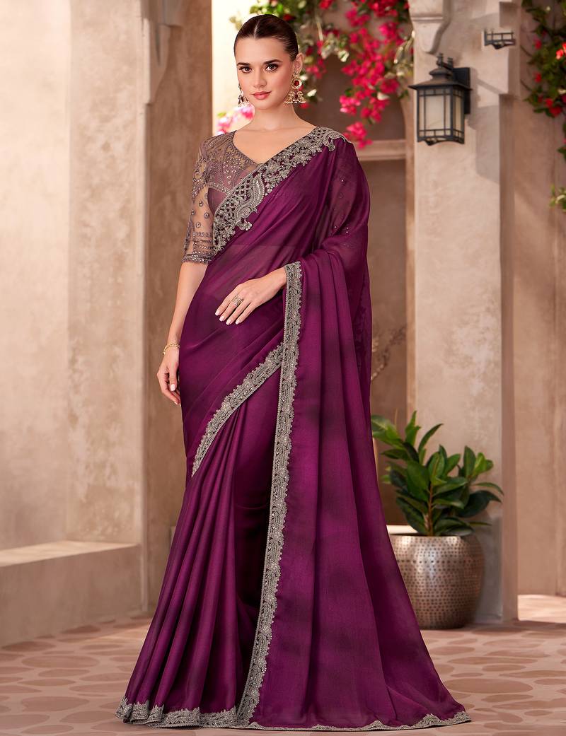 Wine satin chiffon heavy embroidery and sequin work partywear saree