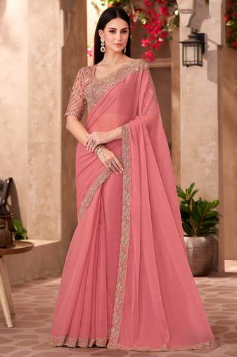 Peach georgette silk heavy embroidery and sequin work partywear saree