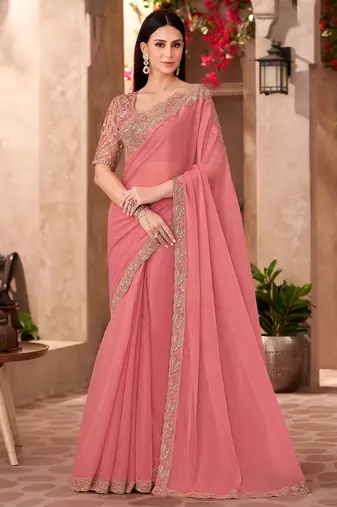 Peach georgette silk heavy embroidery and sequin work partywear saree