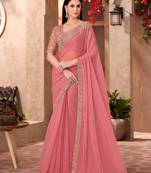 peach georgette silk saree with heavy embroidery and sequins