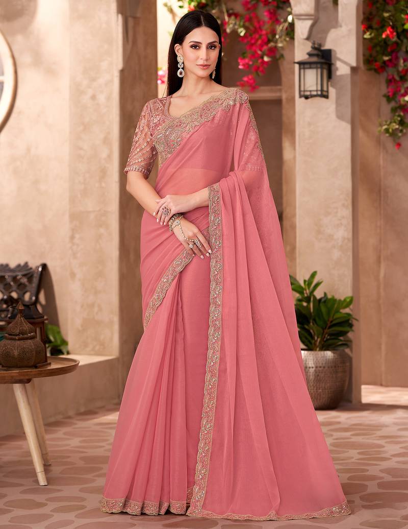 Peach georgette silk heavy embroidery and sequin work partywear saree
