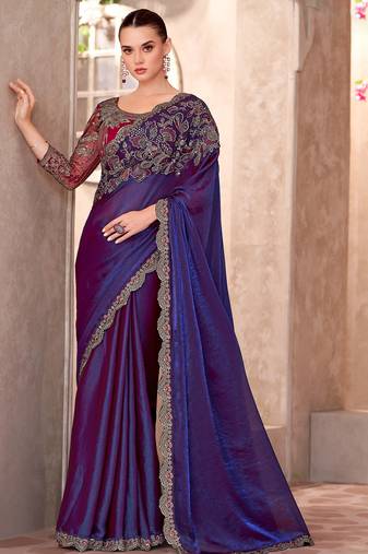 Navy blue satin georgette heavy embroidery and sequin work partywear saree