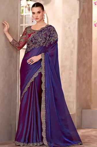 Navy blue satin georgette heavy embroidery and sequin work partywear saree