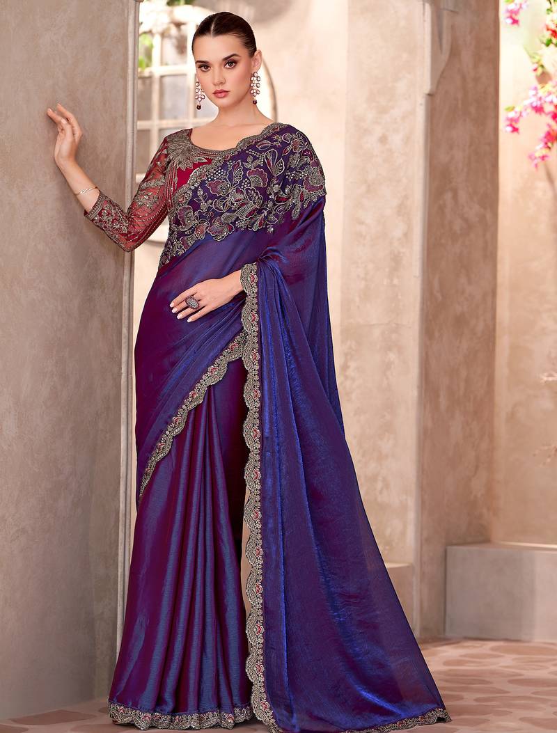 Navy blue satin georgette heavy embroidery and sequin work partywear saree