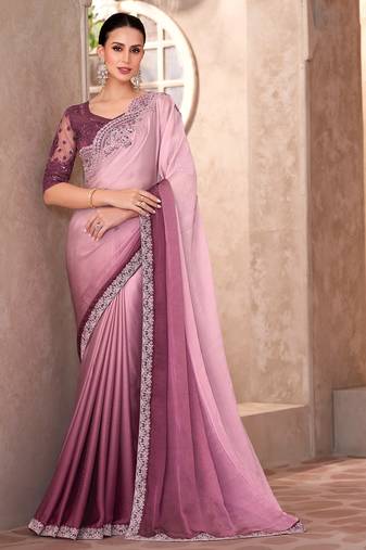 Onion pink shaded chiffon heavy embroidery and sequin work partywear saree