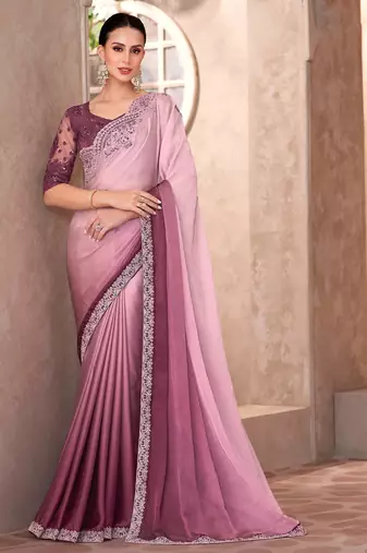 Onion pink shaded chiffon heavy embroidery and sequin work partywear saree
