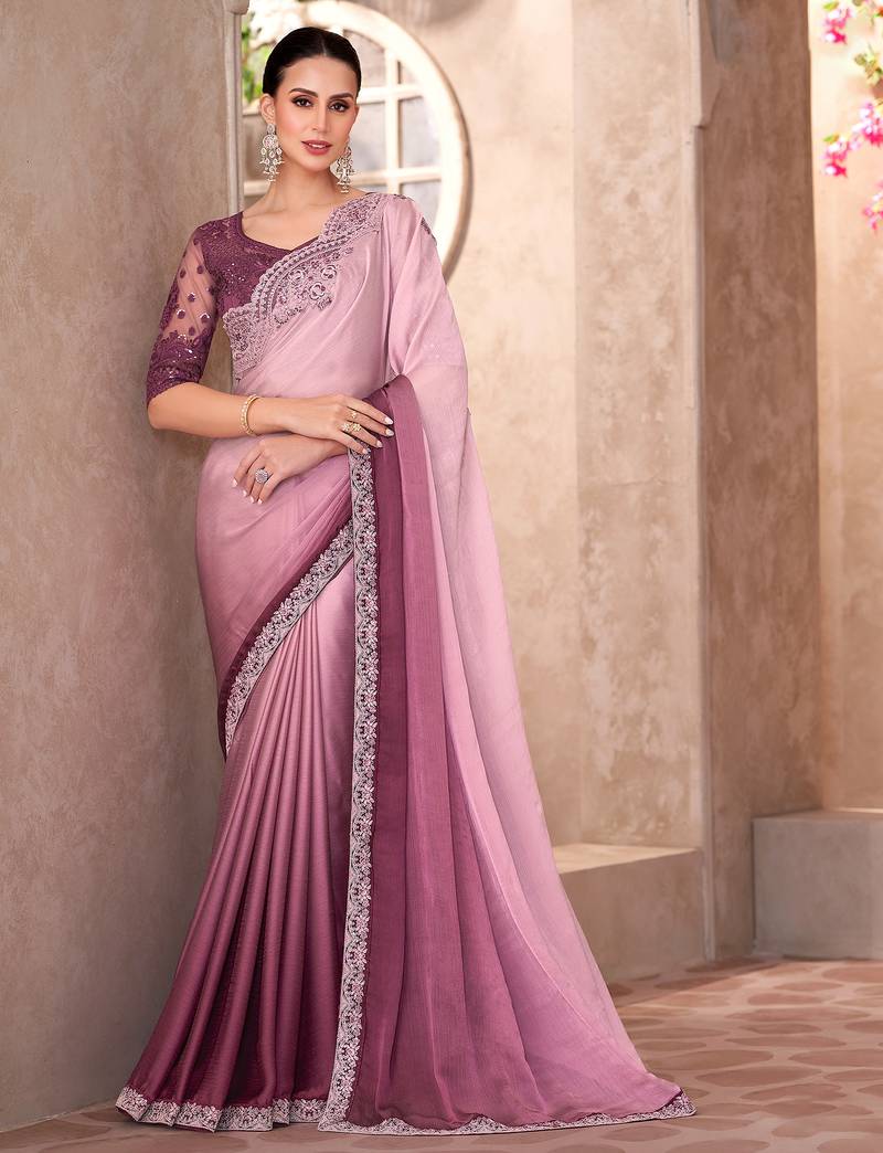Onion pink shaded chiffon heavy embroidery and sequin work partywear saree