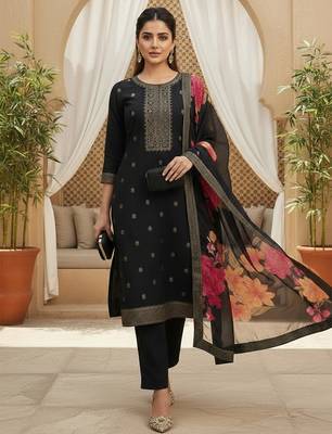 Women black silk blend ethnic motifs stoning straight kurta trouser with dupatta 1